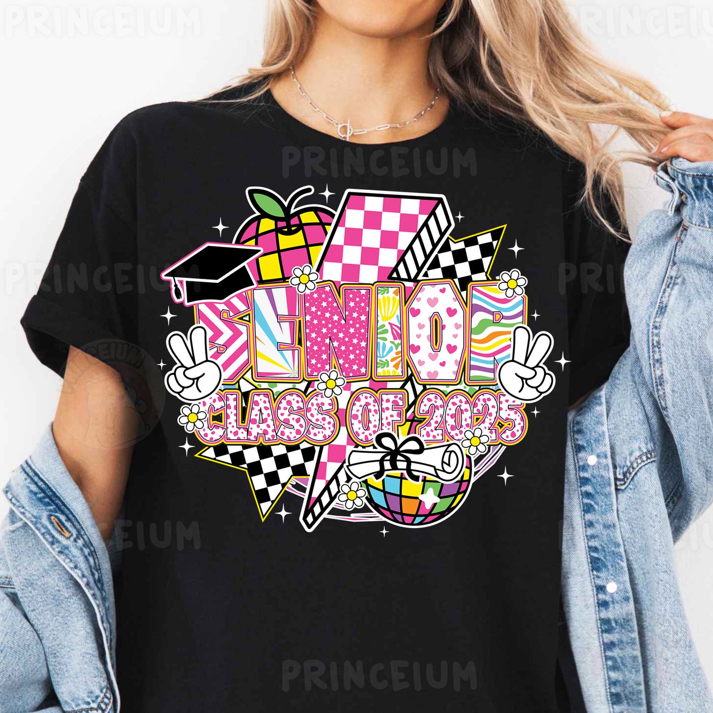 a woman wearing a black tshirt with a pink and white checkered logo