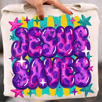 Jesus Saves Sublimation Design PNG | Colorful Leopard Print Christian Digital Download