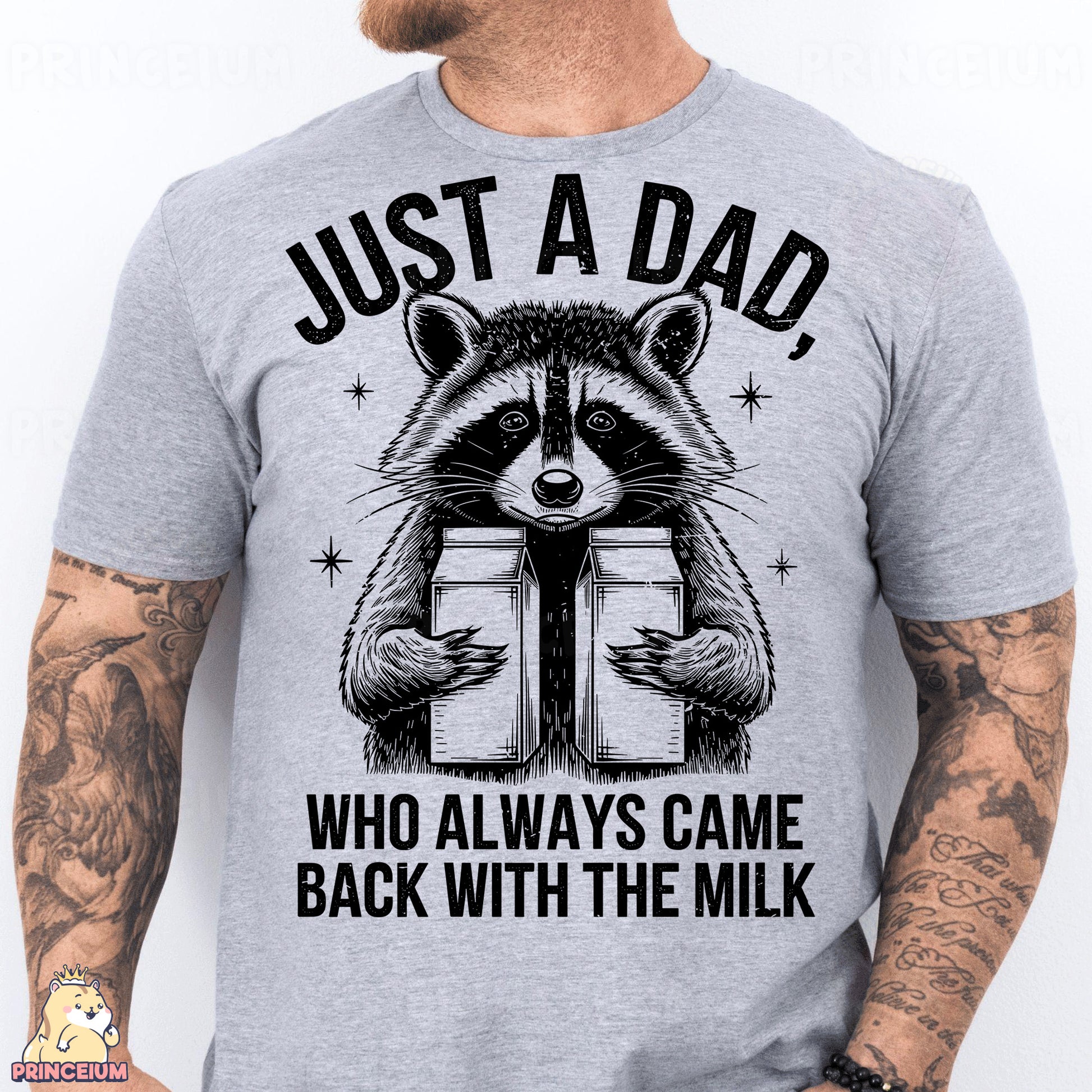 a man wearing a shirt that says just a dad who always came back with the