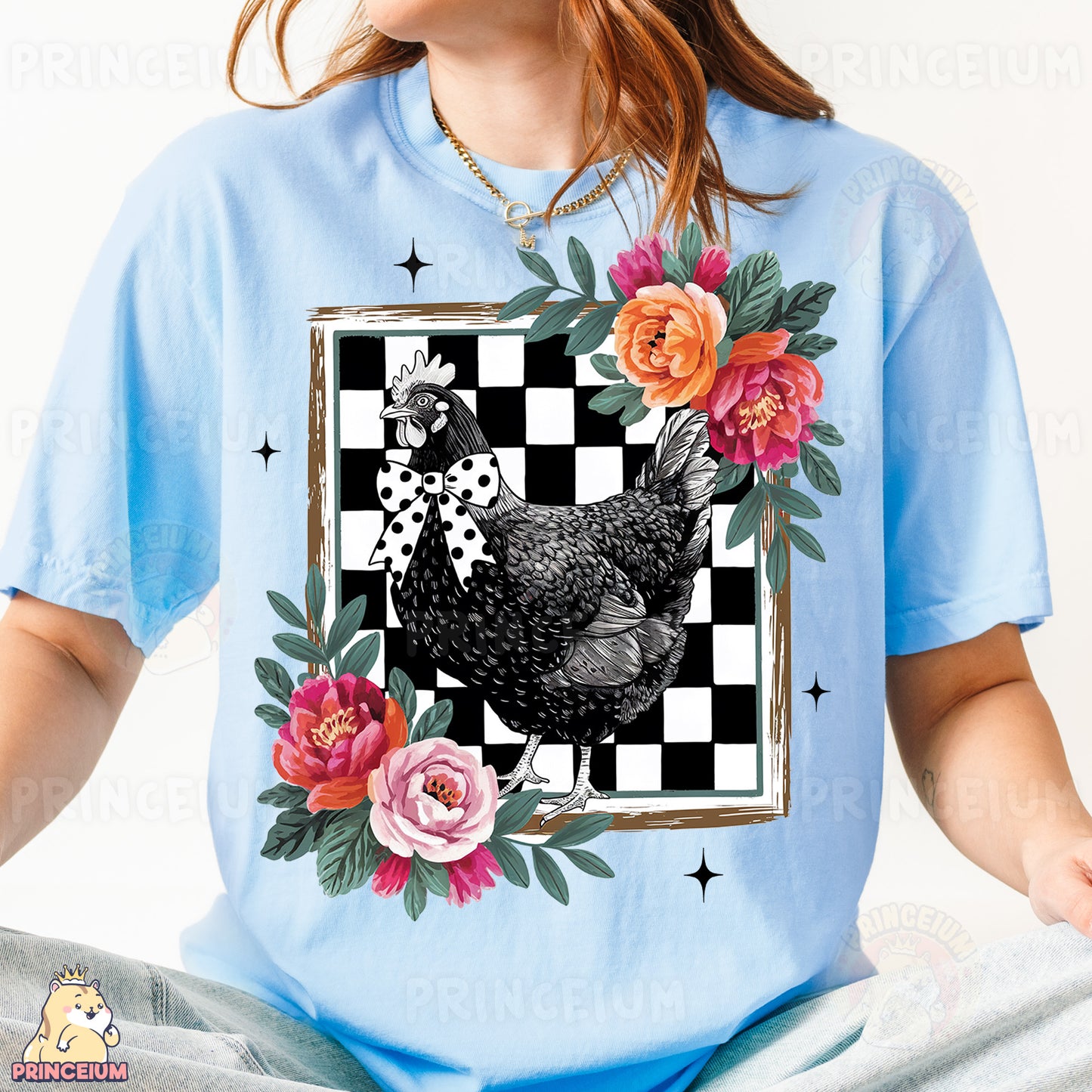 a woman wearing a t - shirt with a chicken on it