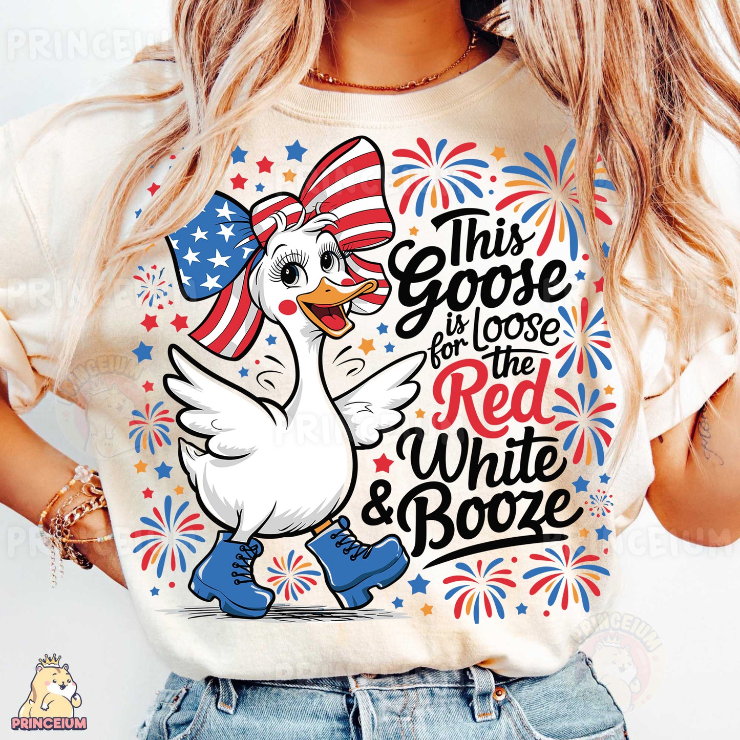 a woman wearing a patriotic t - shirt with a goose on it