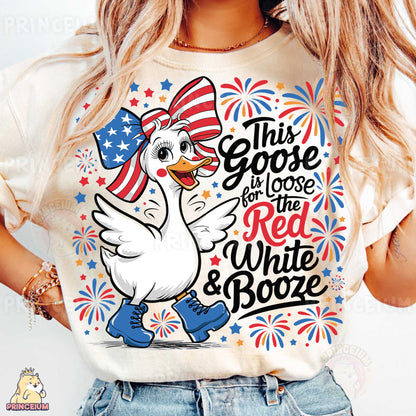 a woman wearing a patriotic t - shirt with a goose on it