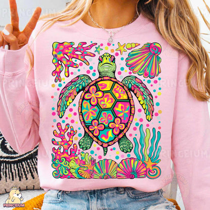 a woman wearing a pink turtle sweatshirt
