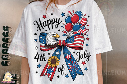 a woman wearing a happy 4th of july t - shirt