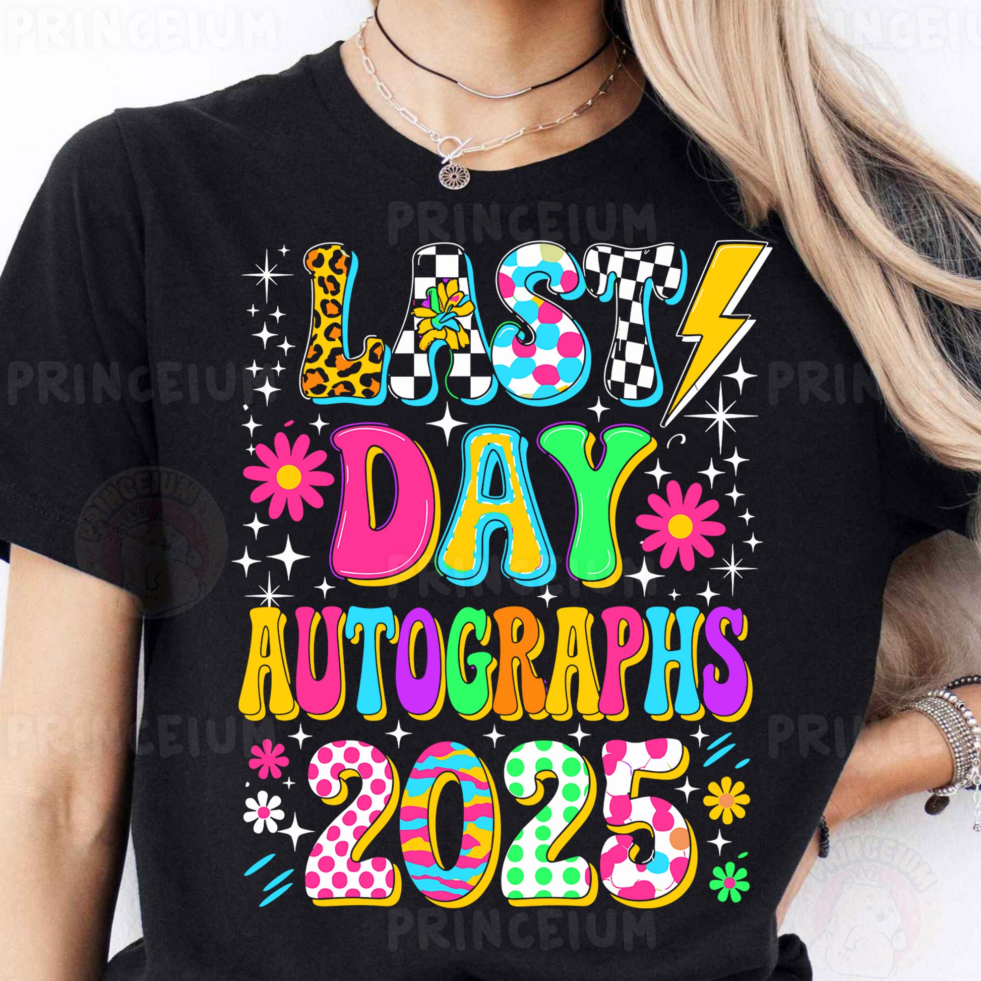 a woman wearing a t - shirt that says last day autographs 2055