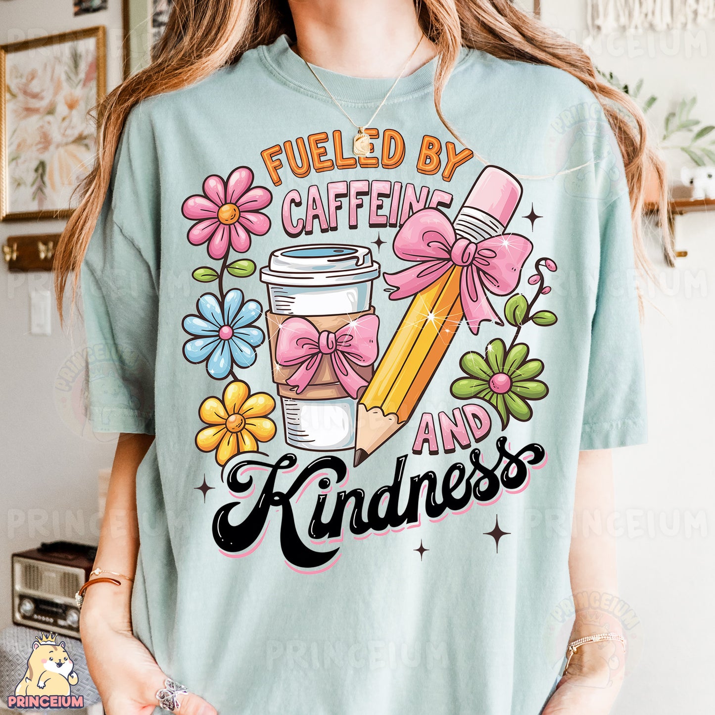 a woman wearing a t - shirt that says fueled by caffeine and kindness