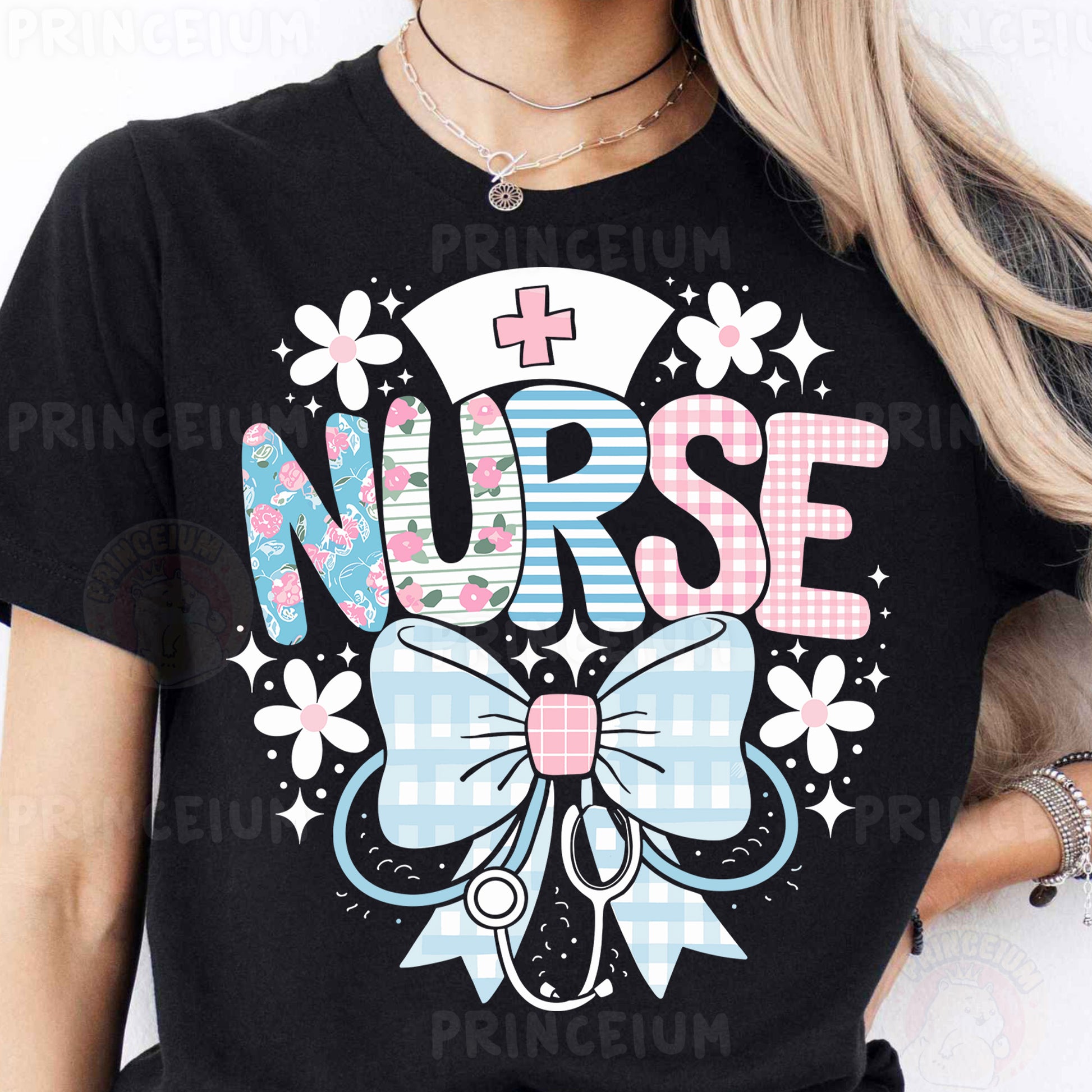 a woman wearing a black nurse shirt with a bow
