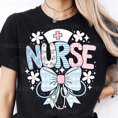 a woman wearing a black nurse shirt with a bow