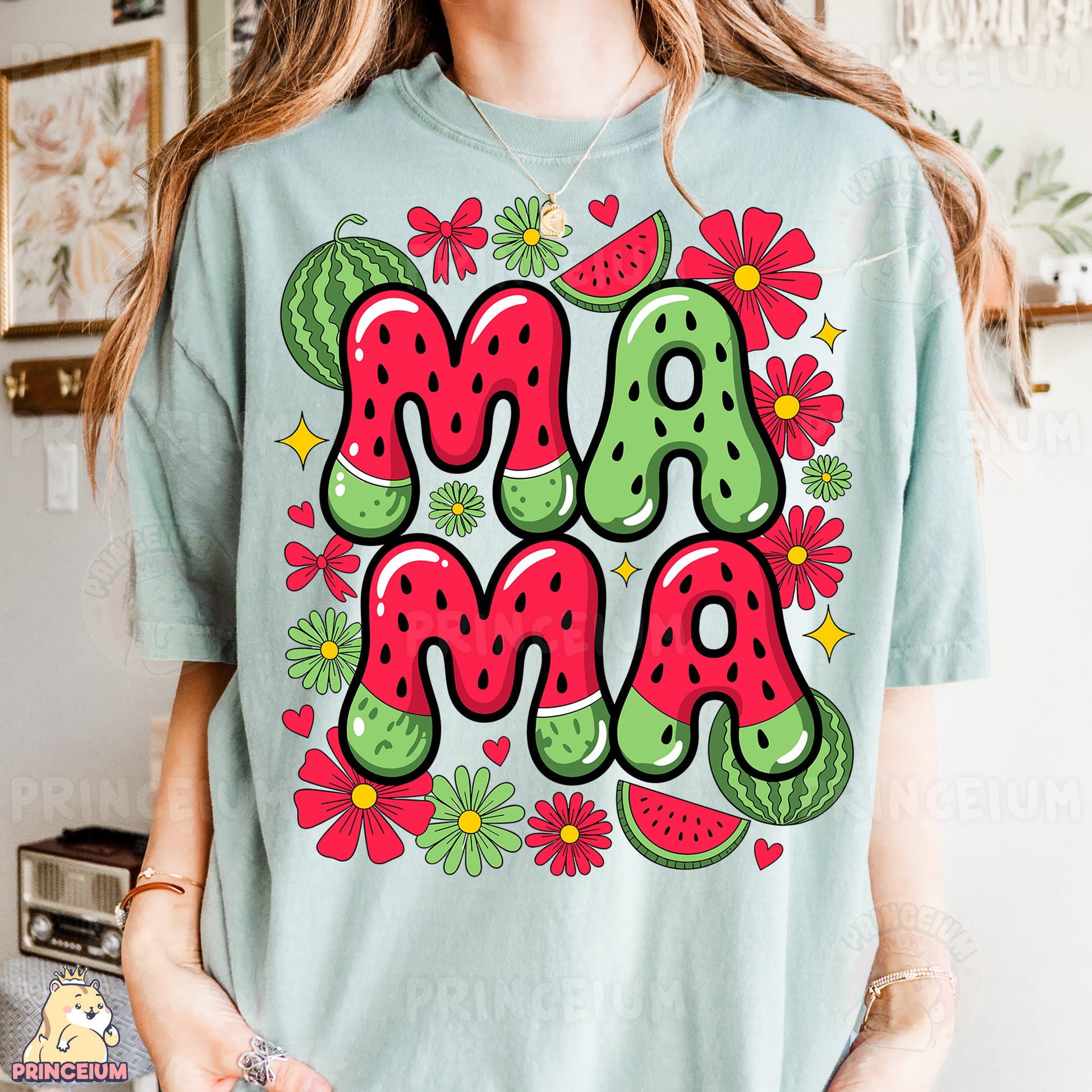 a woman wearing a t - shirt with the word mama on it