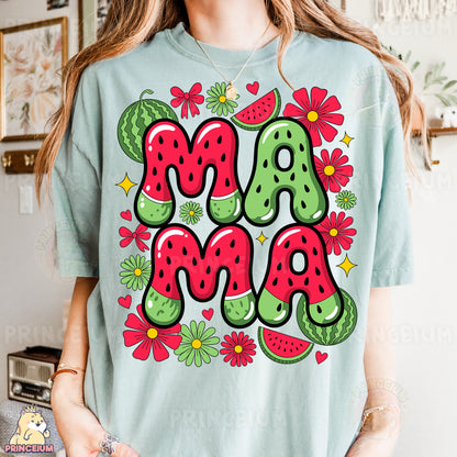 a woman wearing a t - shirt with the word mama on it