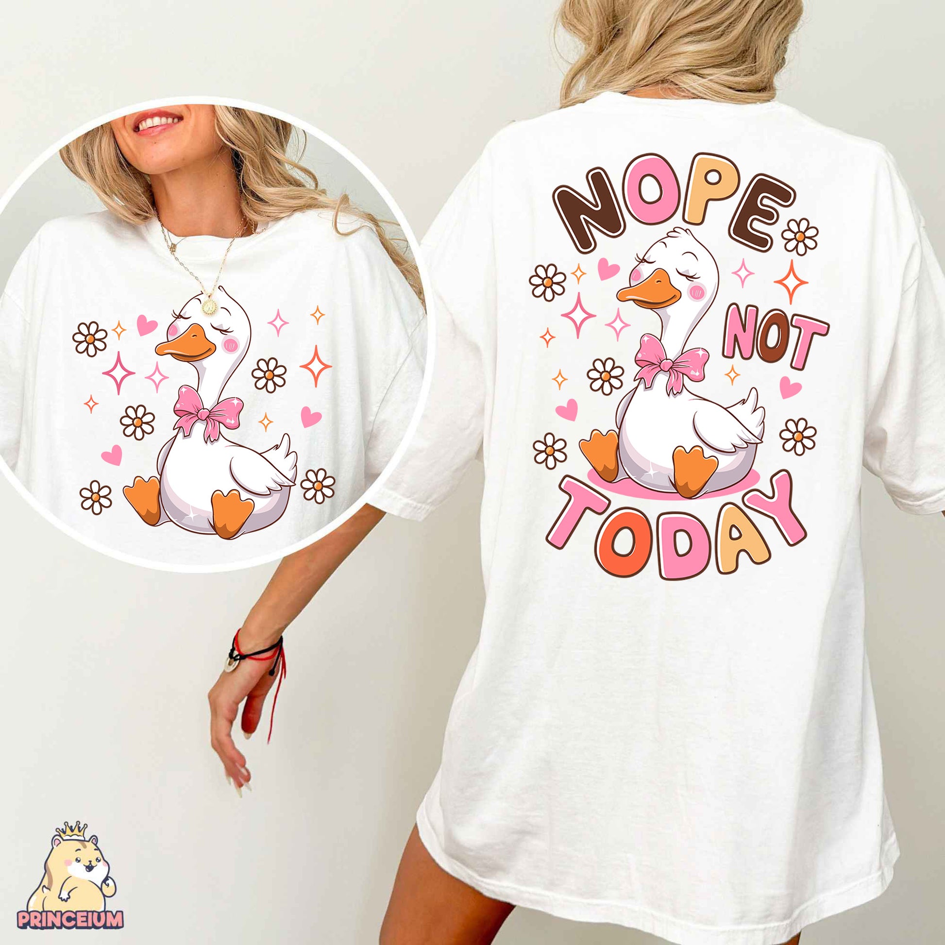 a woman wearing a white shirt with a duck on it