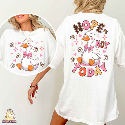 a woman wearing a white shirt with a duck on it