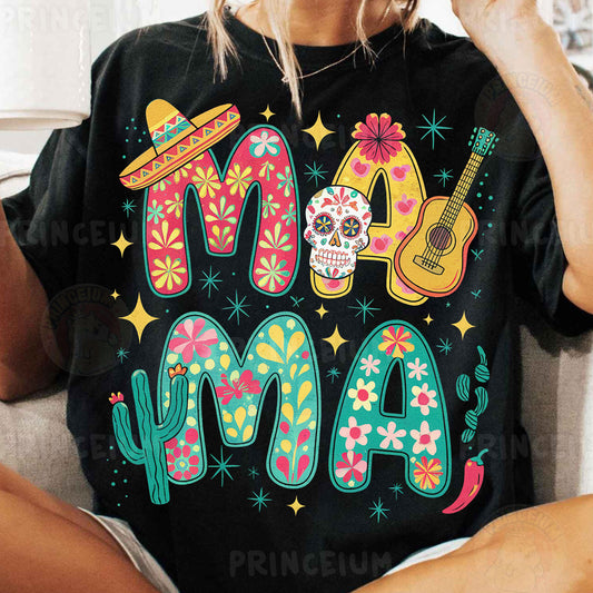 a woman sitting on a couch wearing a black shirt that says mama