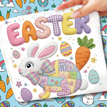Easter Bunny PNG, Cute Patchwork Rabbit with Eggs and Carrot, Pastel Spring Easter Clipart