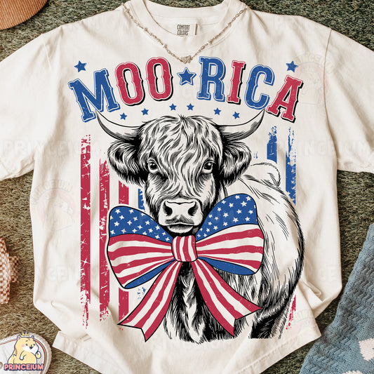 a white shirt with a cow wearing a red, white, and blue bow tie