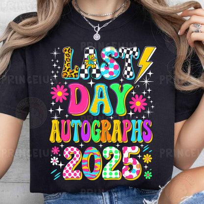 a woman wearing a black t - shirt with the words last day autographs 205