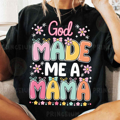 a woman sitting on a couch wearing a t - shirt that says god made me