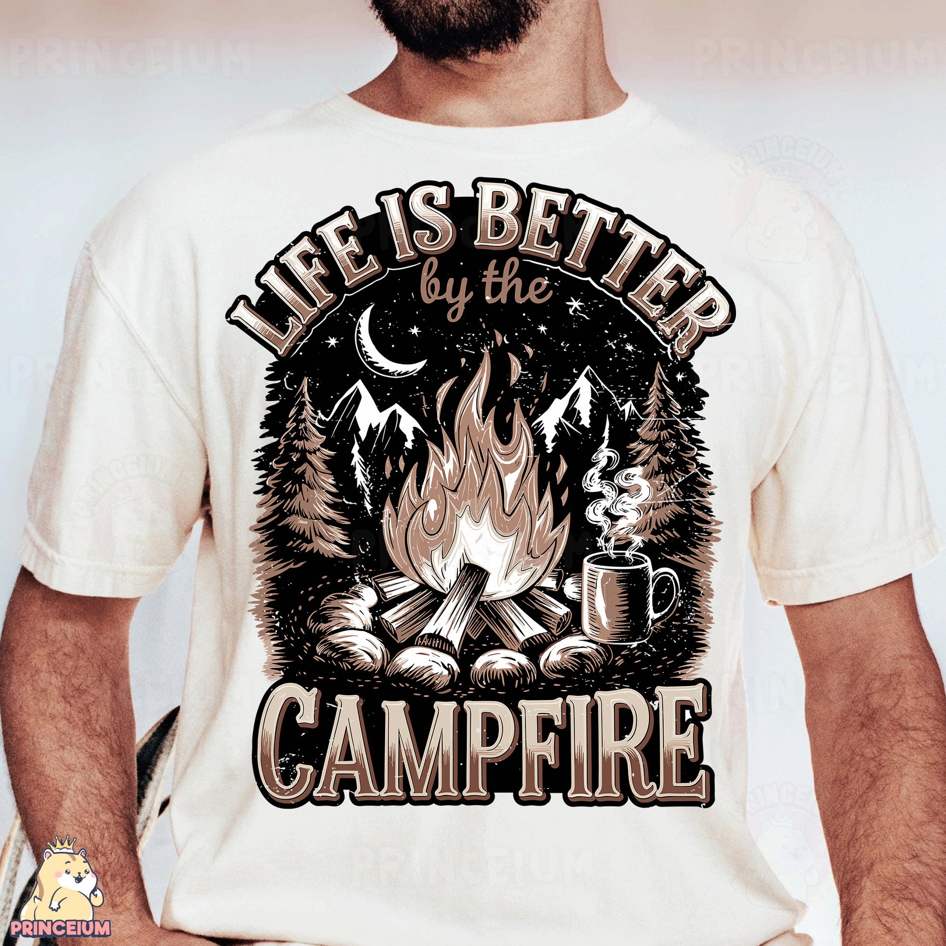 a man wearing a t - shirt that says life is better by the campfire