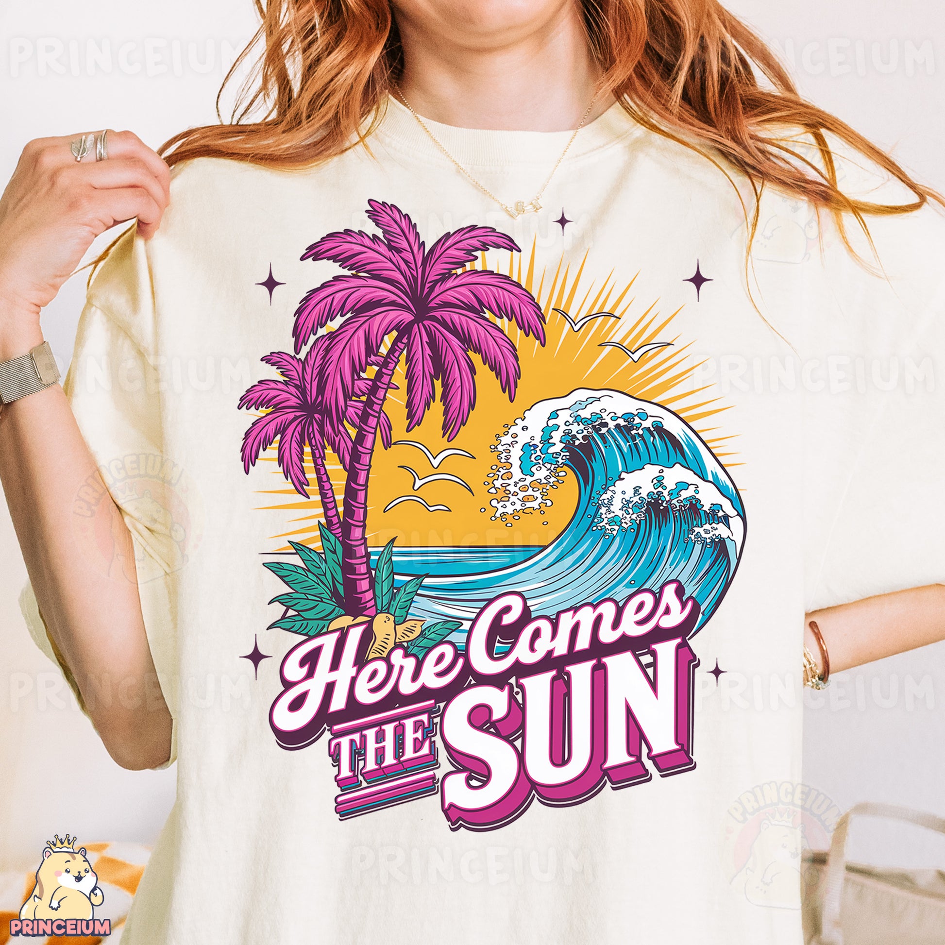 a woman wearing a t - shirt that says here comes the sun