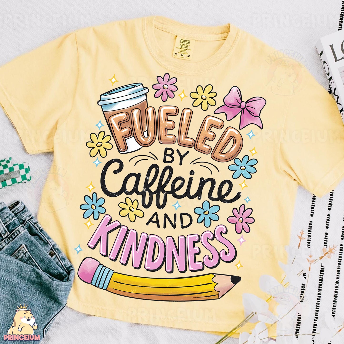 a t - shirt that says fueled by caffeine and kindness