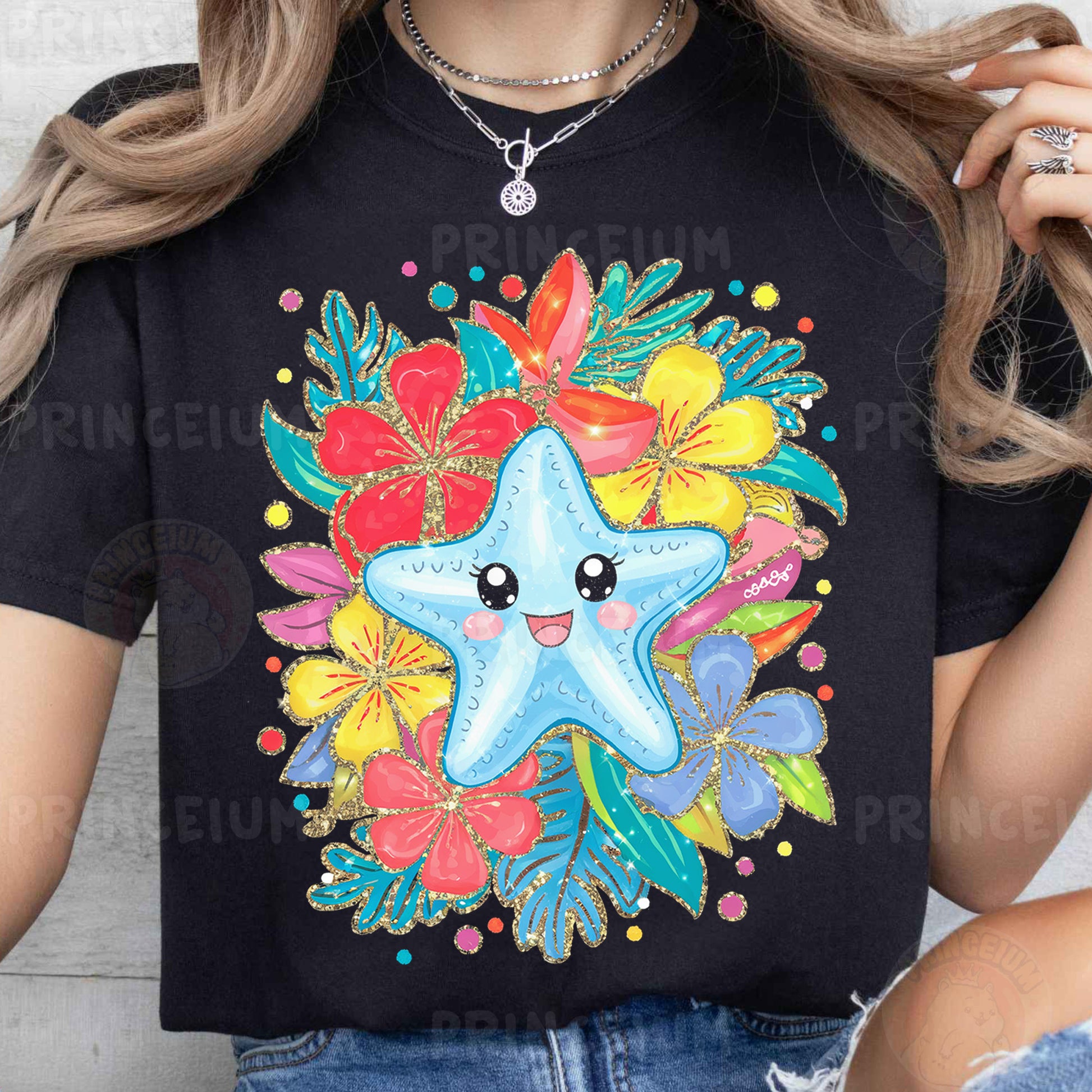 a woman wearing a black shirt with a starfish on it