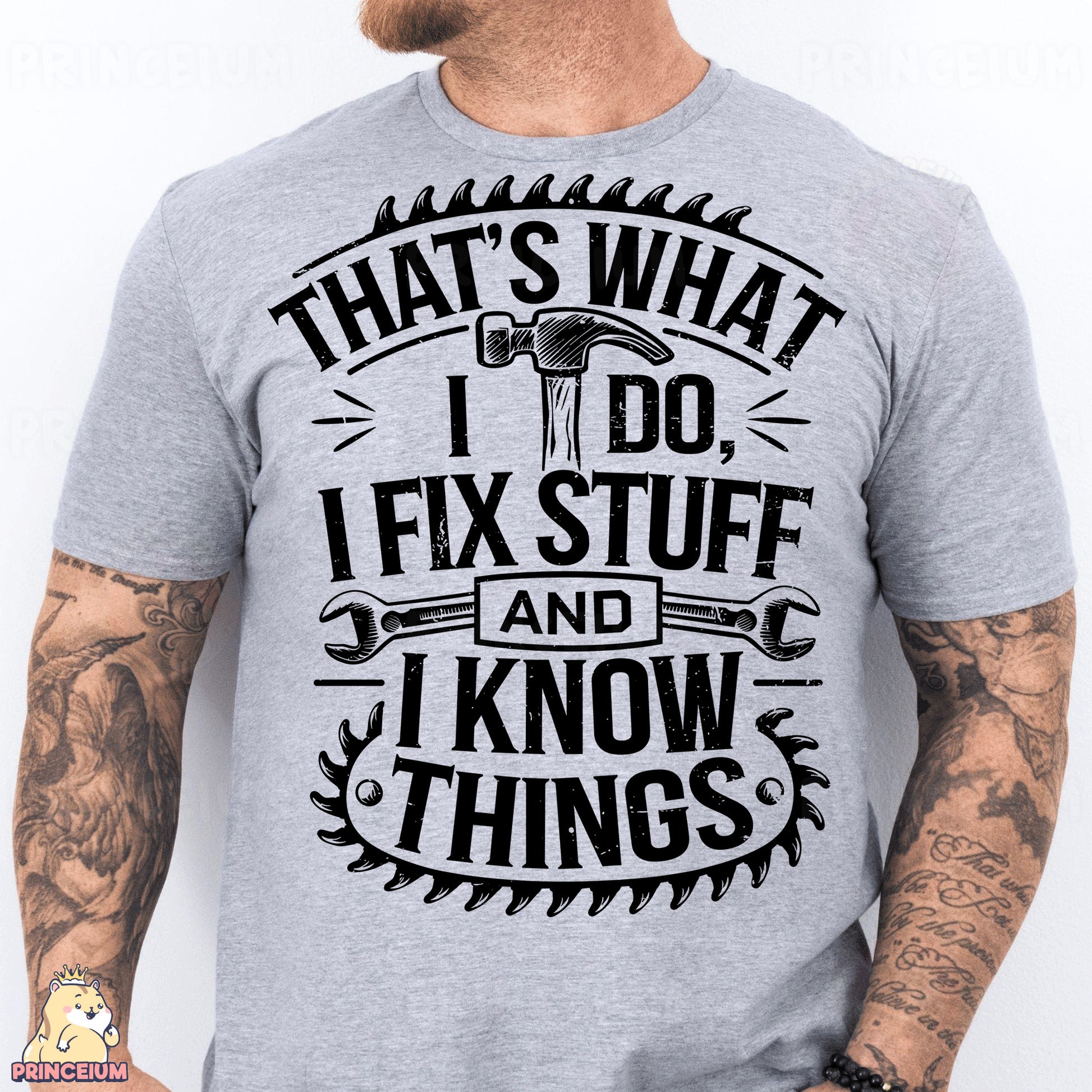 a man with a tattooed arm wearing a grey t - shirt