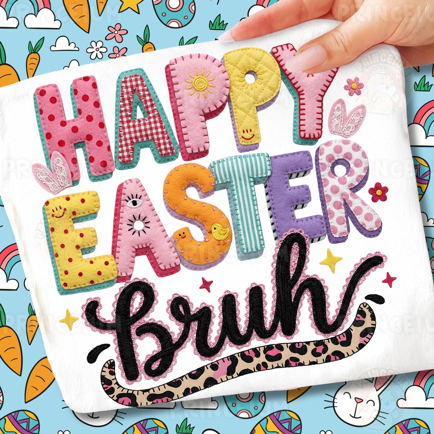 Happy Easter Bruh PNG, Patchwork Bunny Lettering Art, Cute Funny Easter Quote Clipart