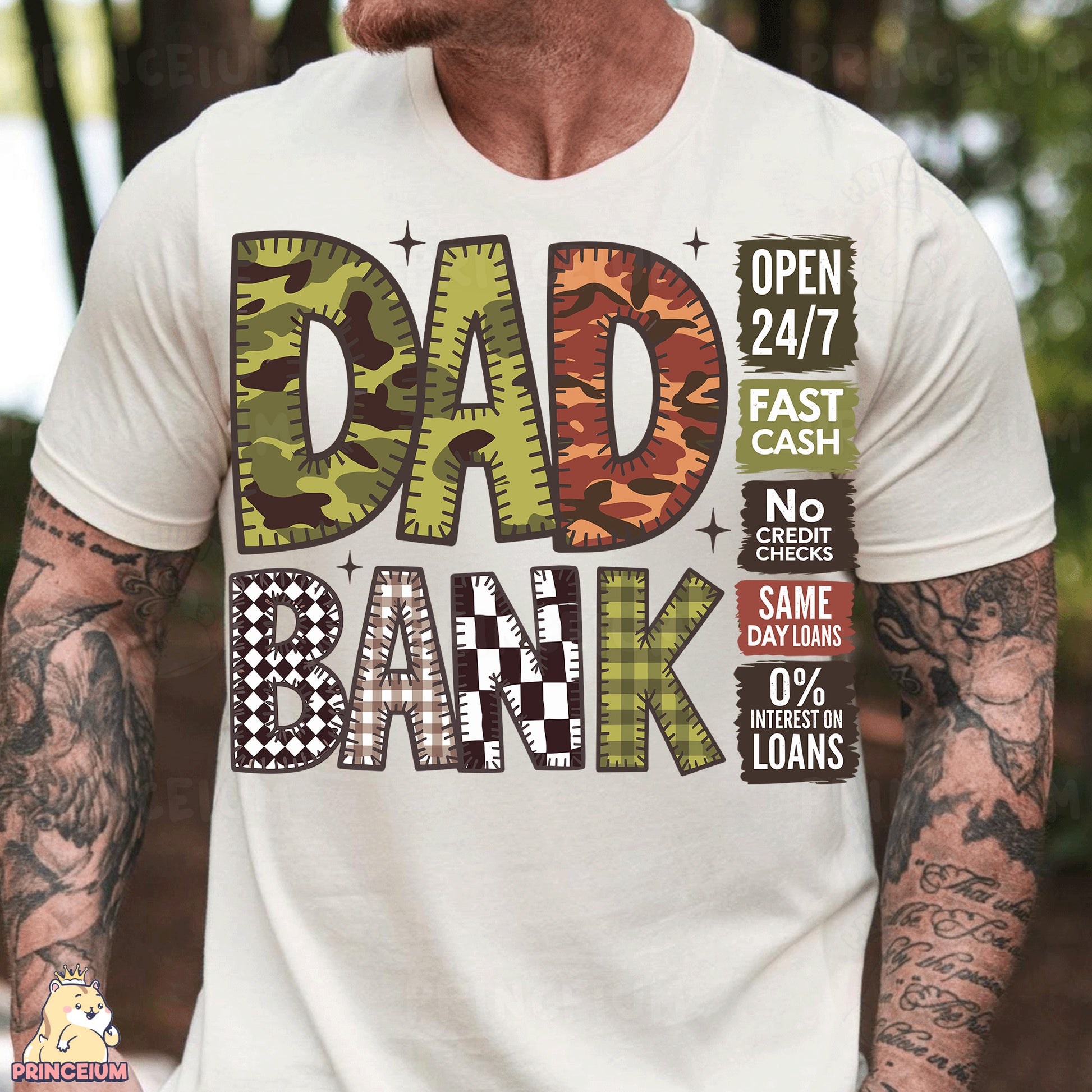 a man with a beard wearing a dad bank t - shirt
