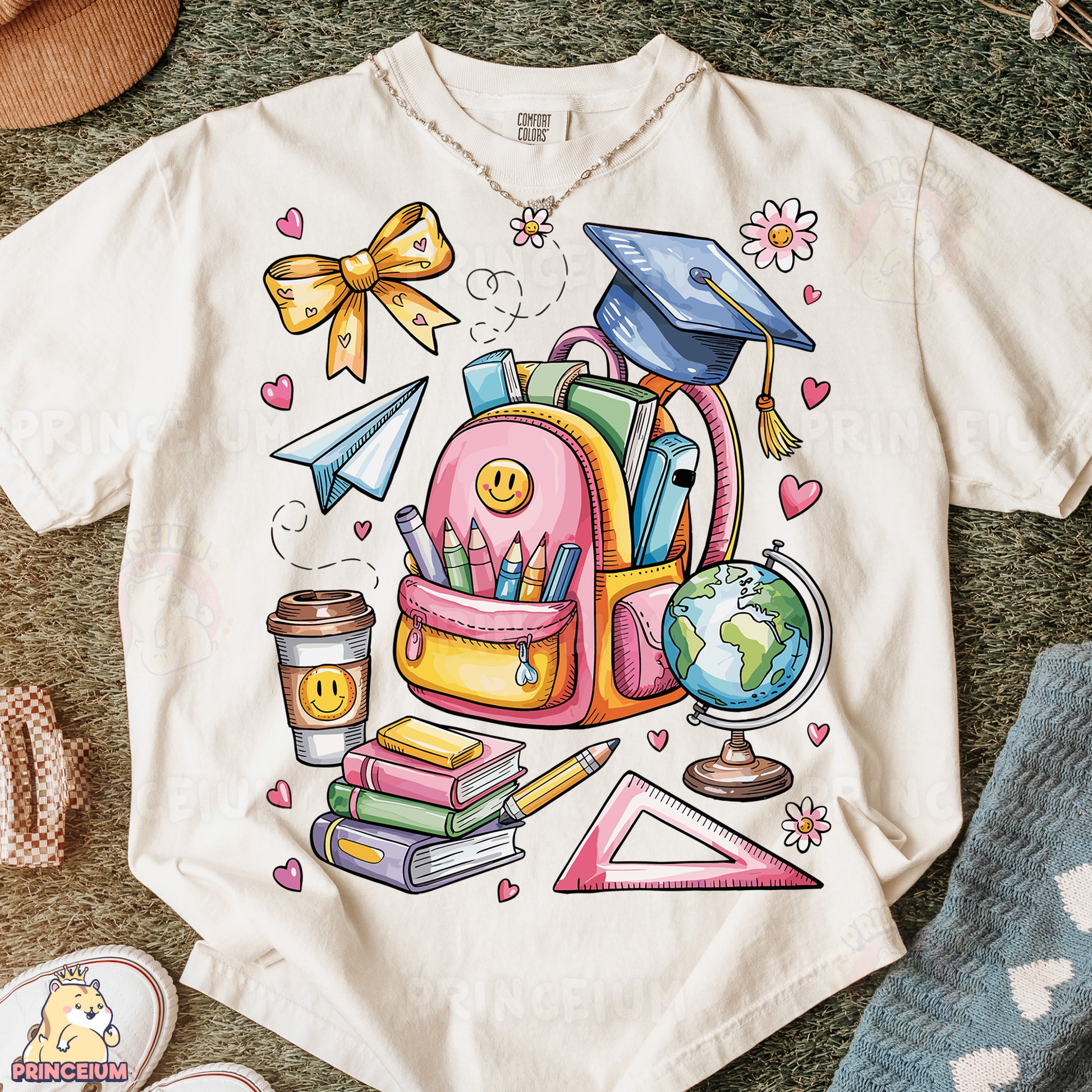 a t - shirt with a picture of a backpack and books
