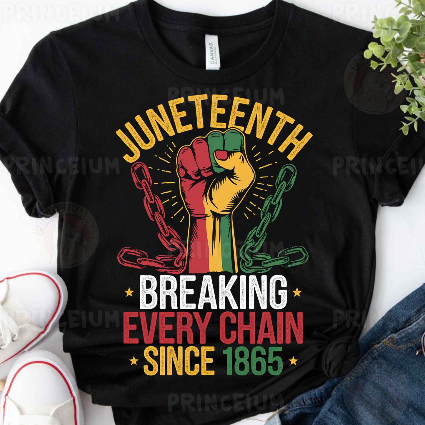 a black t - shirt with the words juneteeth breaking every chain since 1965