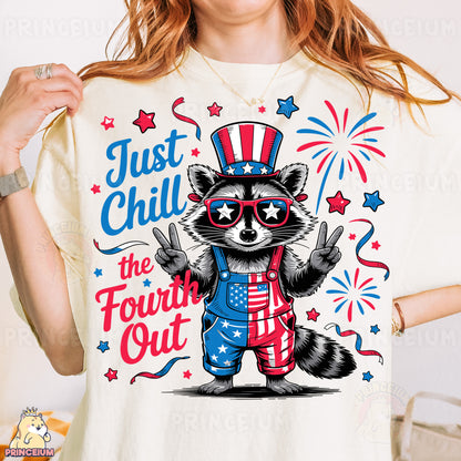 a woman wearing a t - shirt that says just chill the fourth out