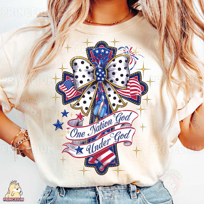 a woman wearing a t - shirt with a cross on it