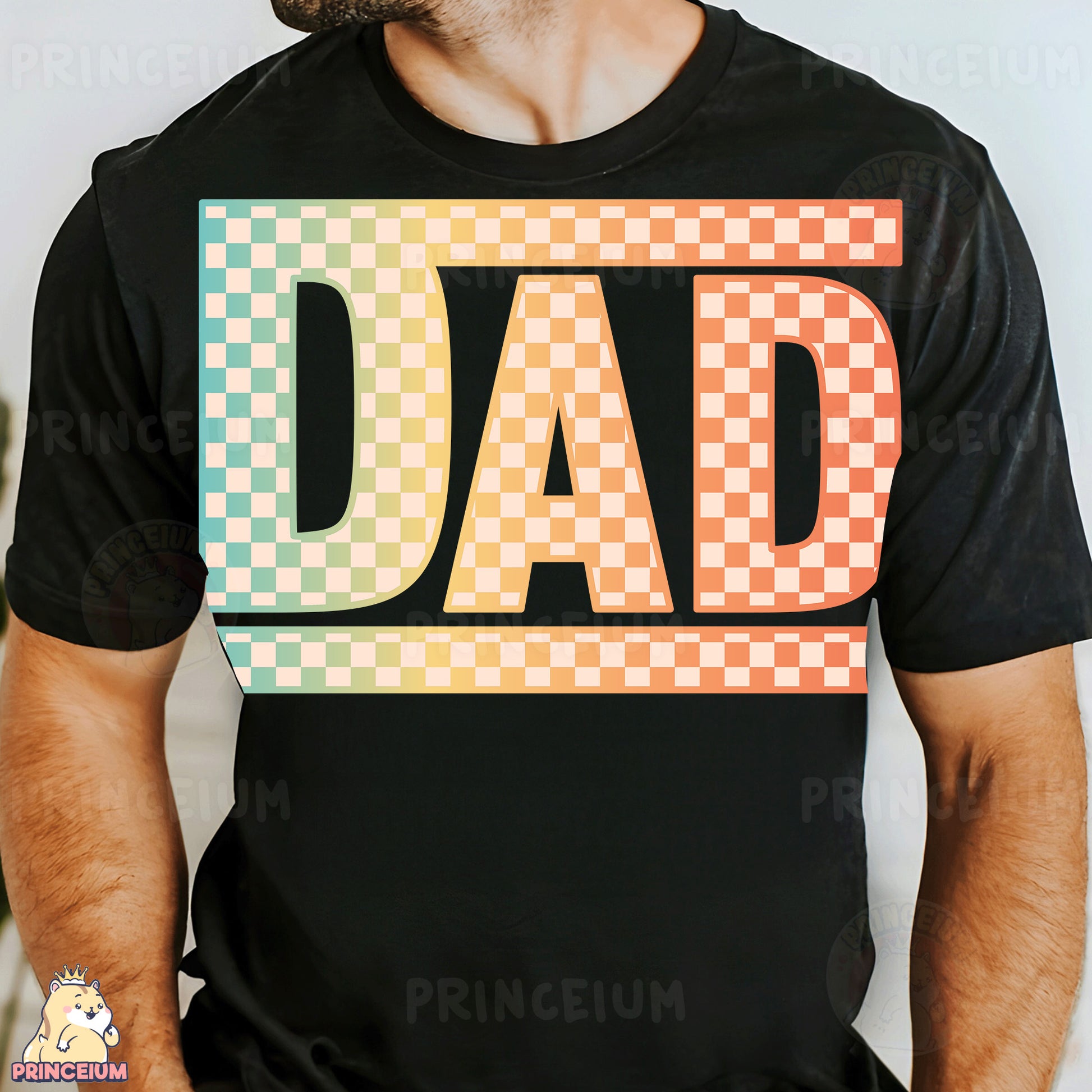 a man wearing a t - shirt with the word dad printed on it