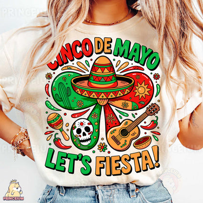 a woman wearing a t - shirt that says cinco de mayo let's