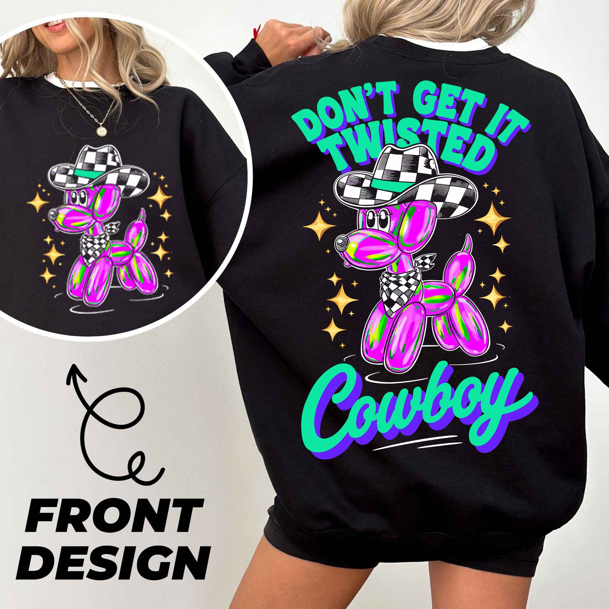 a woman wearing a black hoodie with a pink and blue teddy bear on it