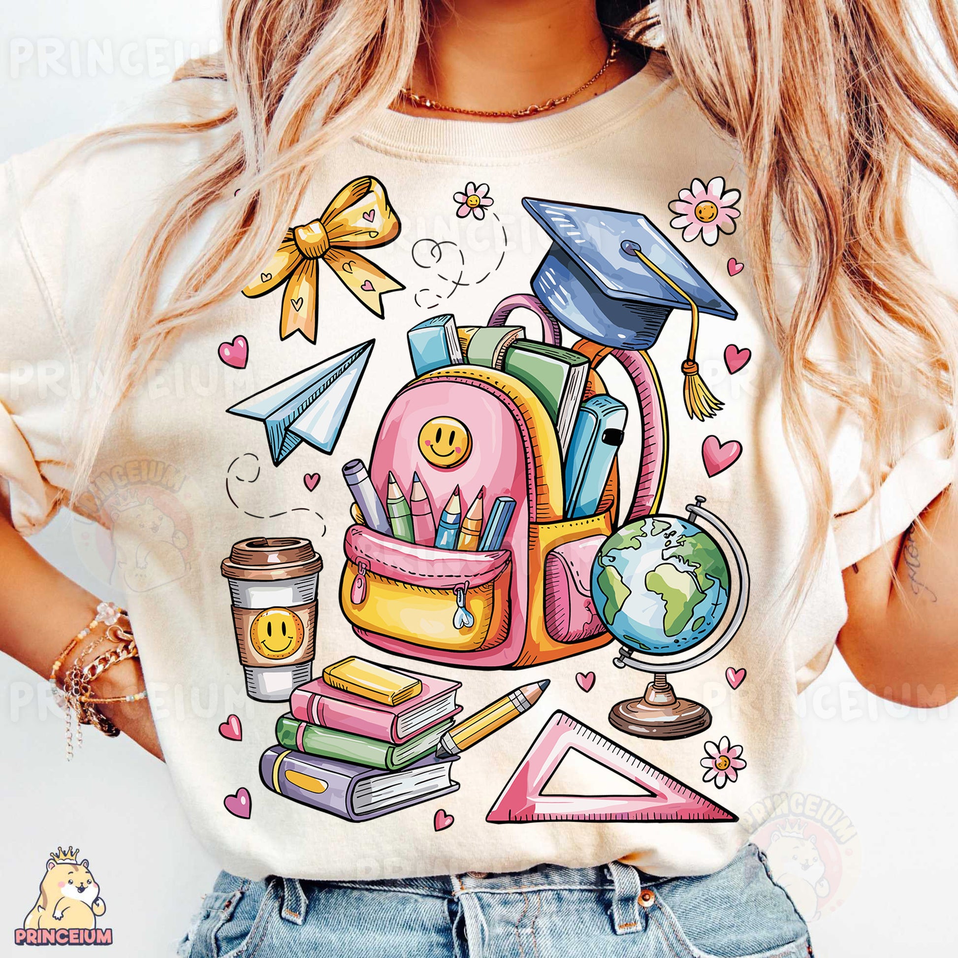 a woman wearing a t - shirt with a picture of a backpack, books,