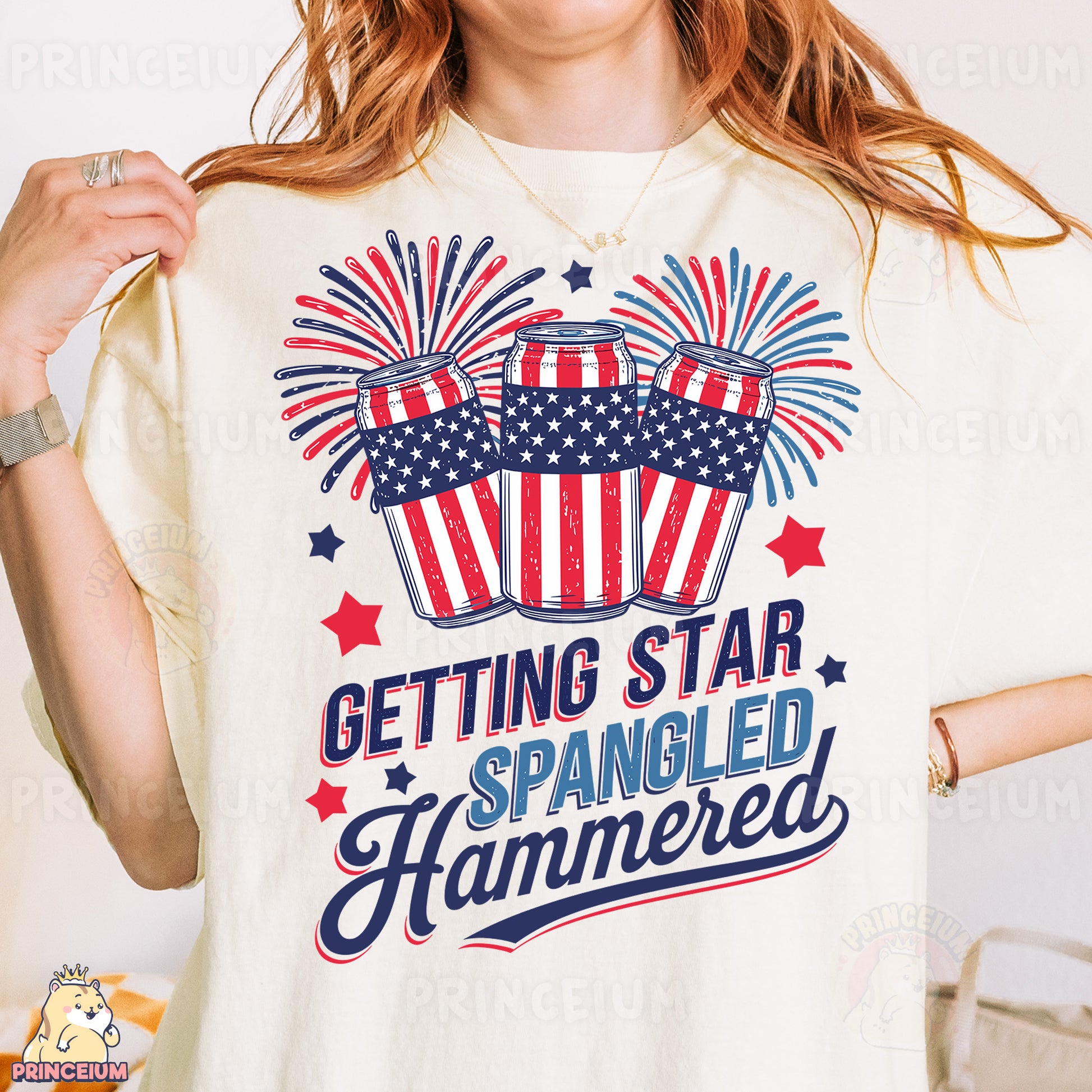 a woman wearing a t - shirt that says getting star spangled hammered