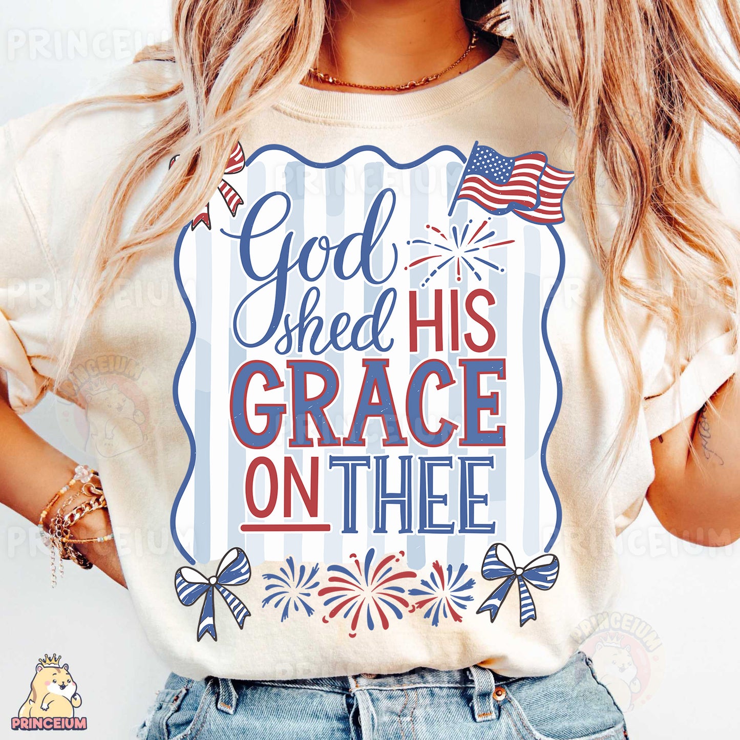 a woman wearing a t - shirt that says god sheet his grace on thee
