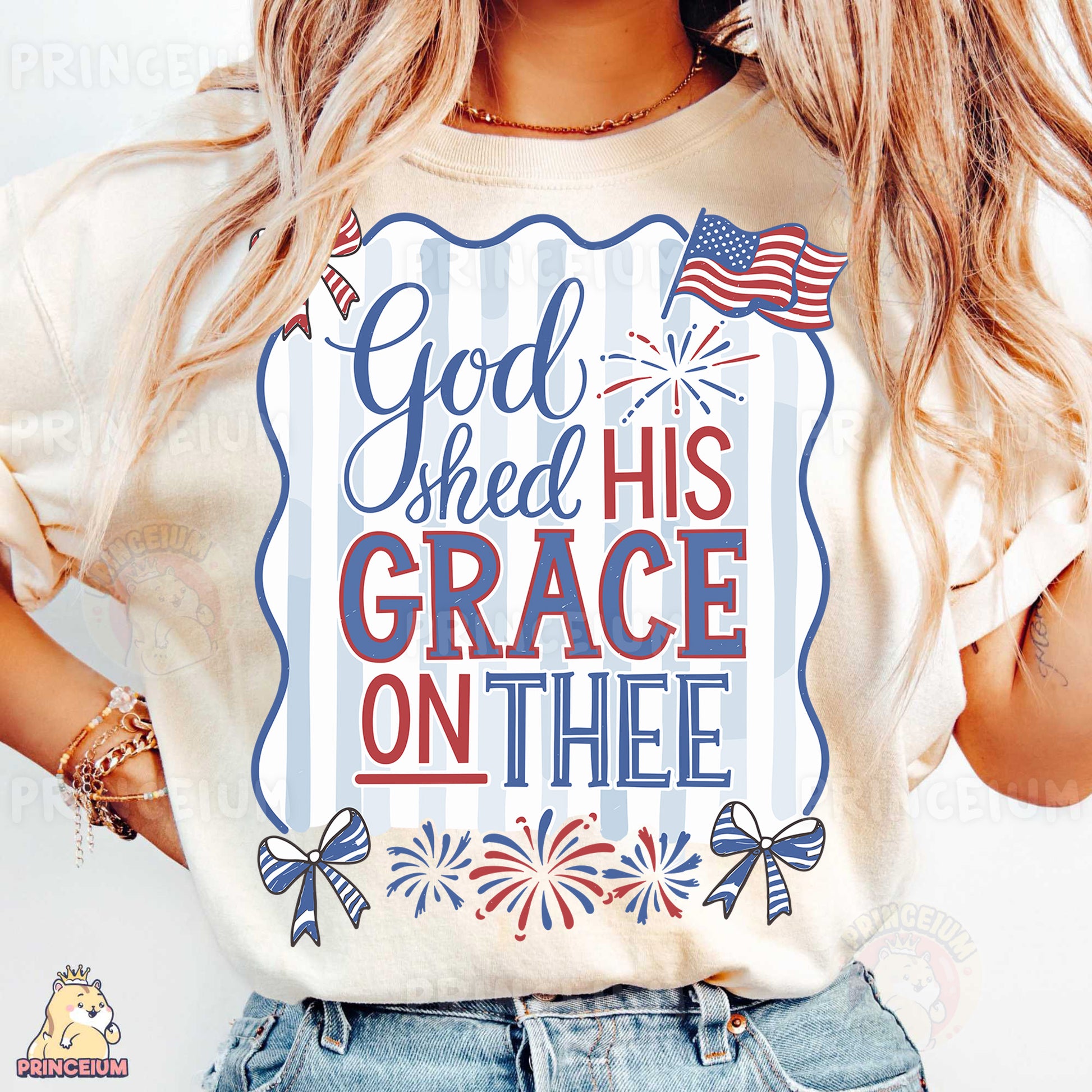 a woman wearing a t - shirt that says god sheet his grace on thee
