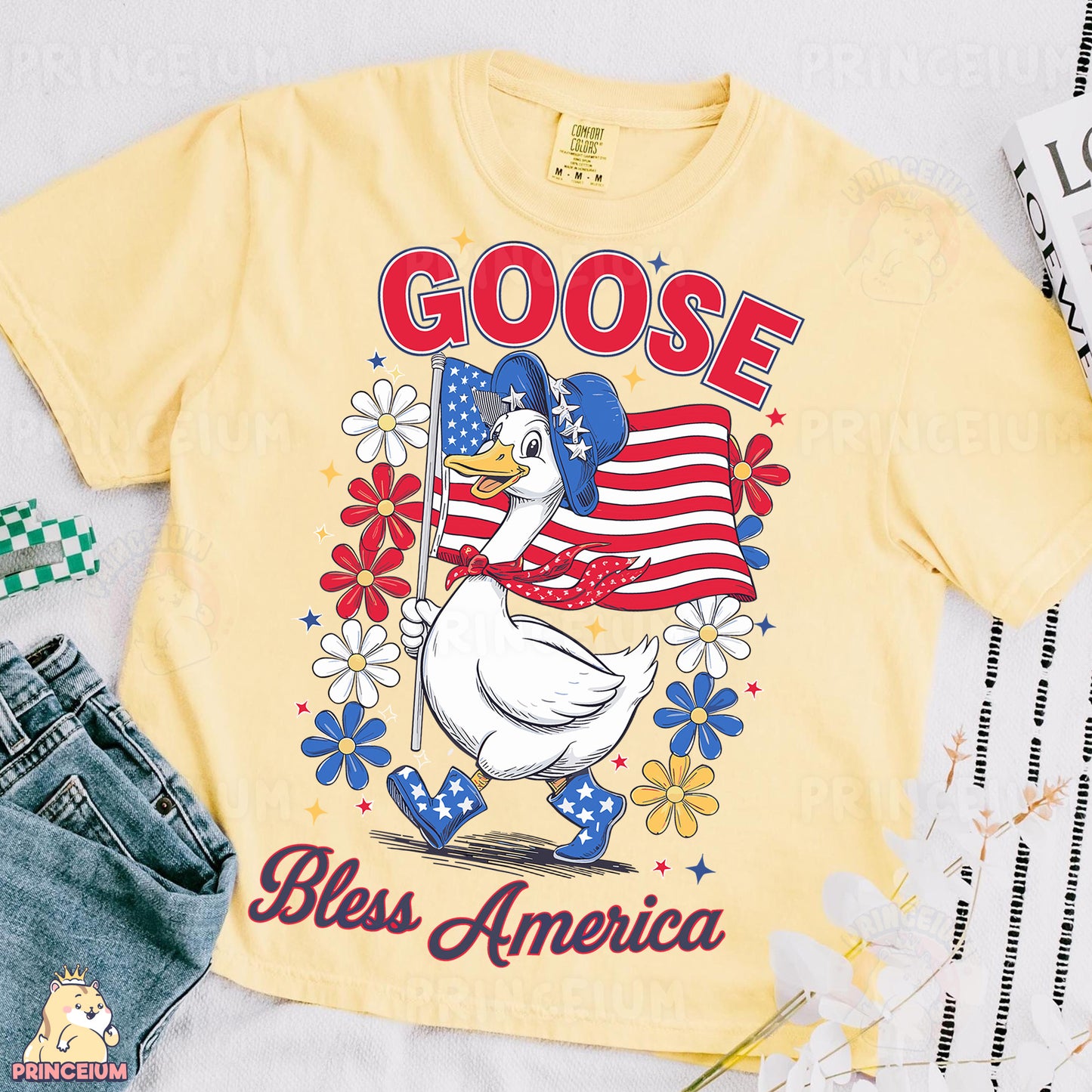 a t - shirt with a goose holding an american flag