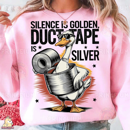 a woman wearing a pink sweatshirt with a duck on it