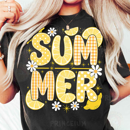 a woman wearing a t - shirt that says, summer