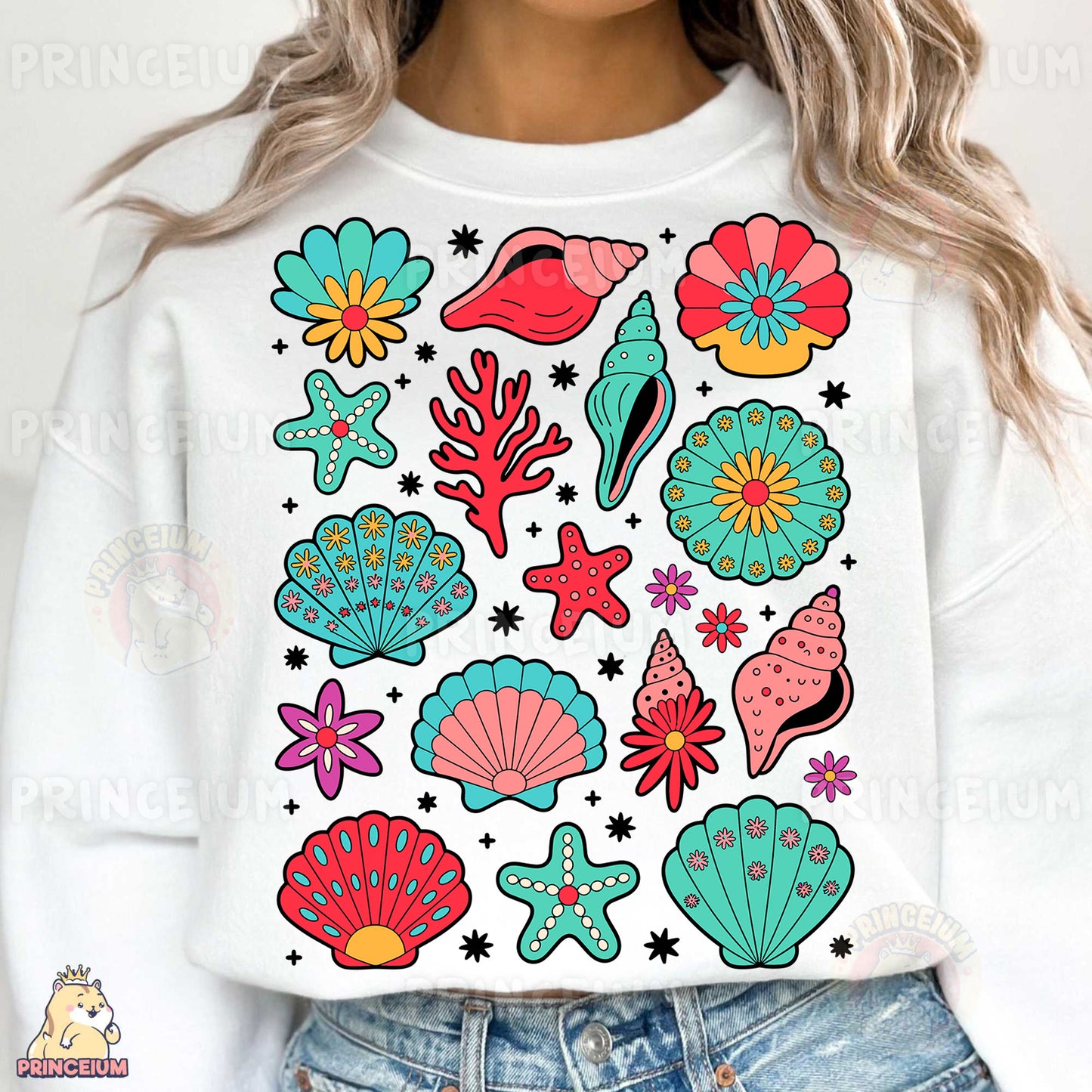 a woman wearing a white sweatshirt with colorful stickers on it