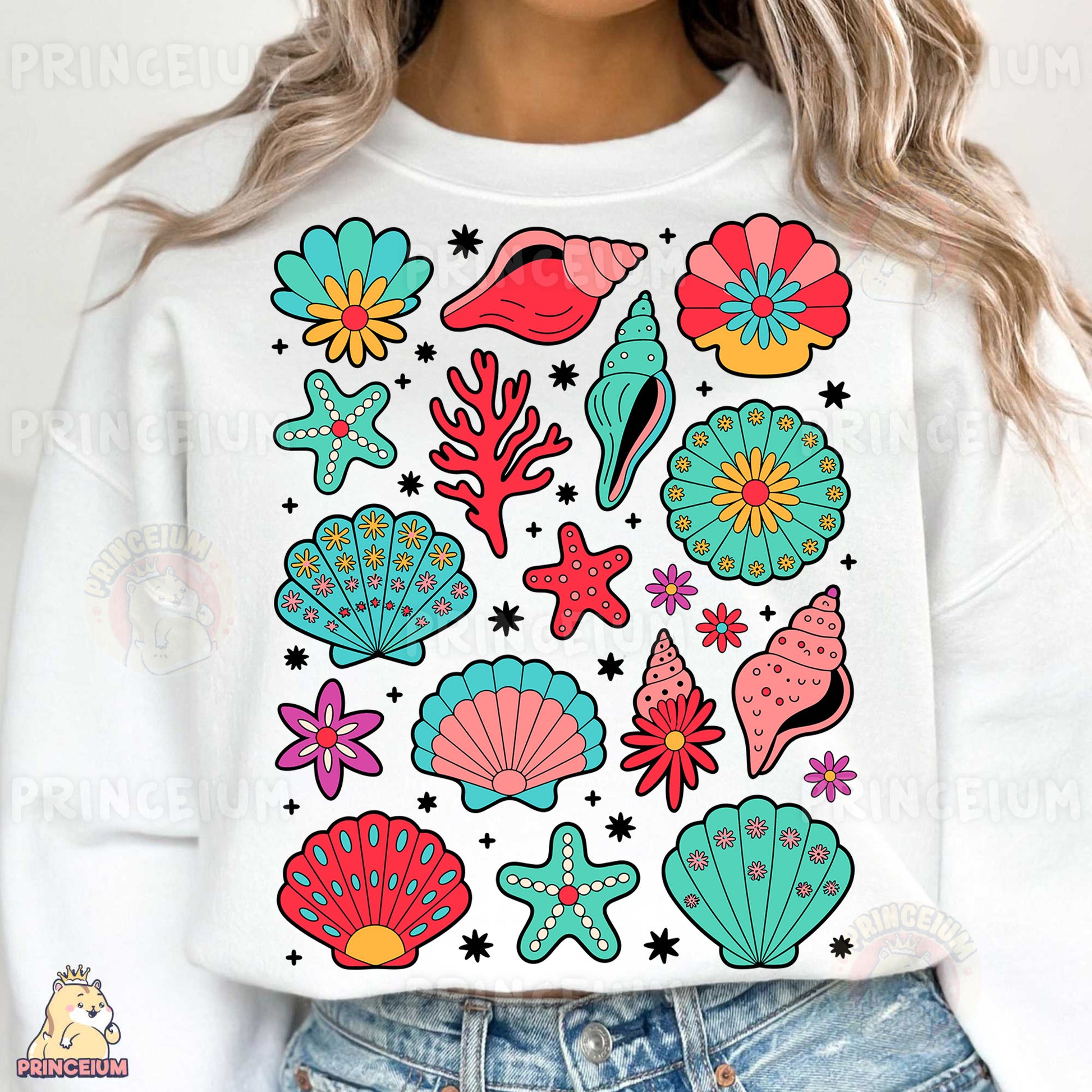 a woman wearing a white sweatshirt with colorful stickers on it
