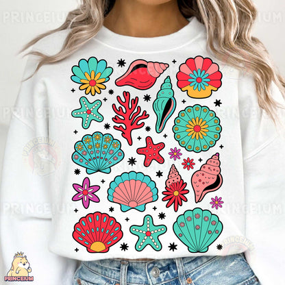 a woman wearing a white sweatshirt with colorful stickers on it