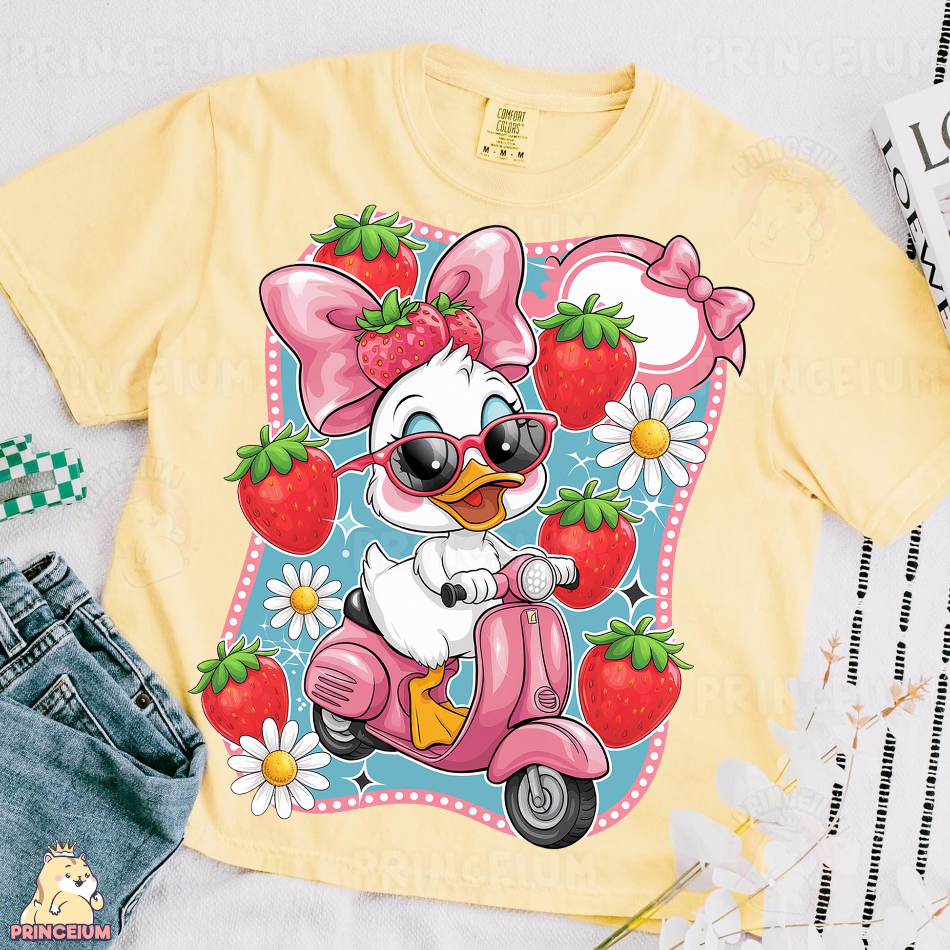 a t - shirt with an image of a duck riding a scooter