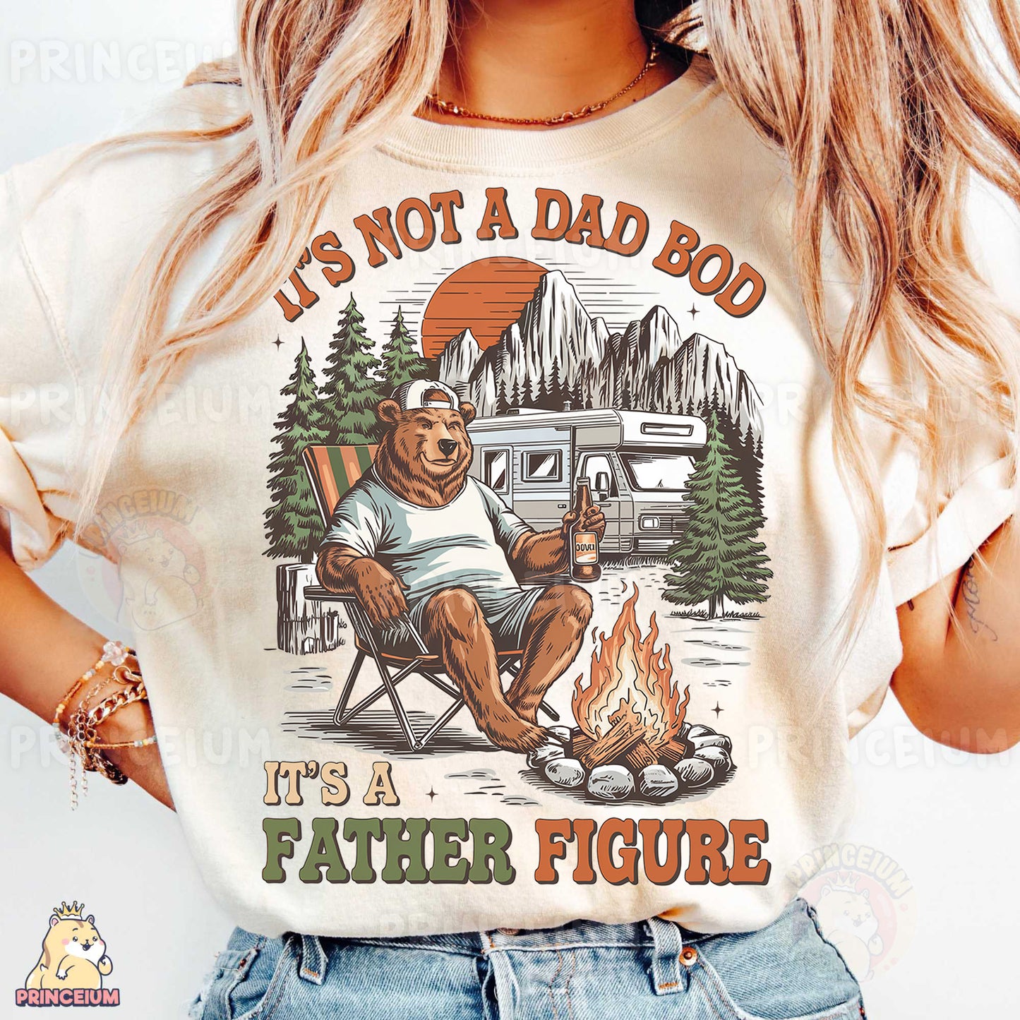 a woman wearing a t - shirt that says it's not a dad bo