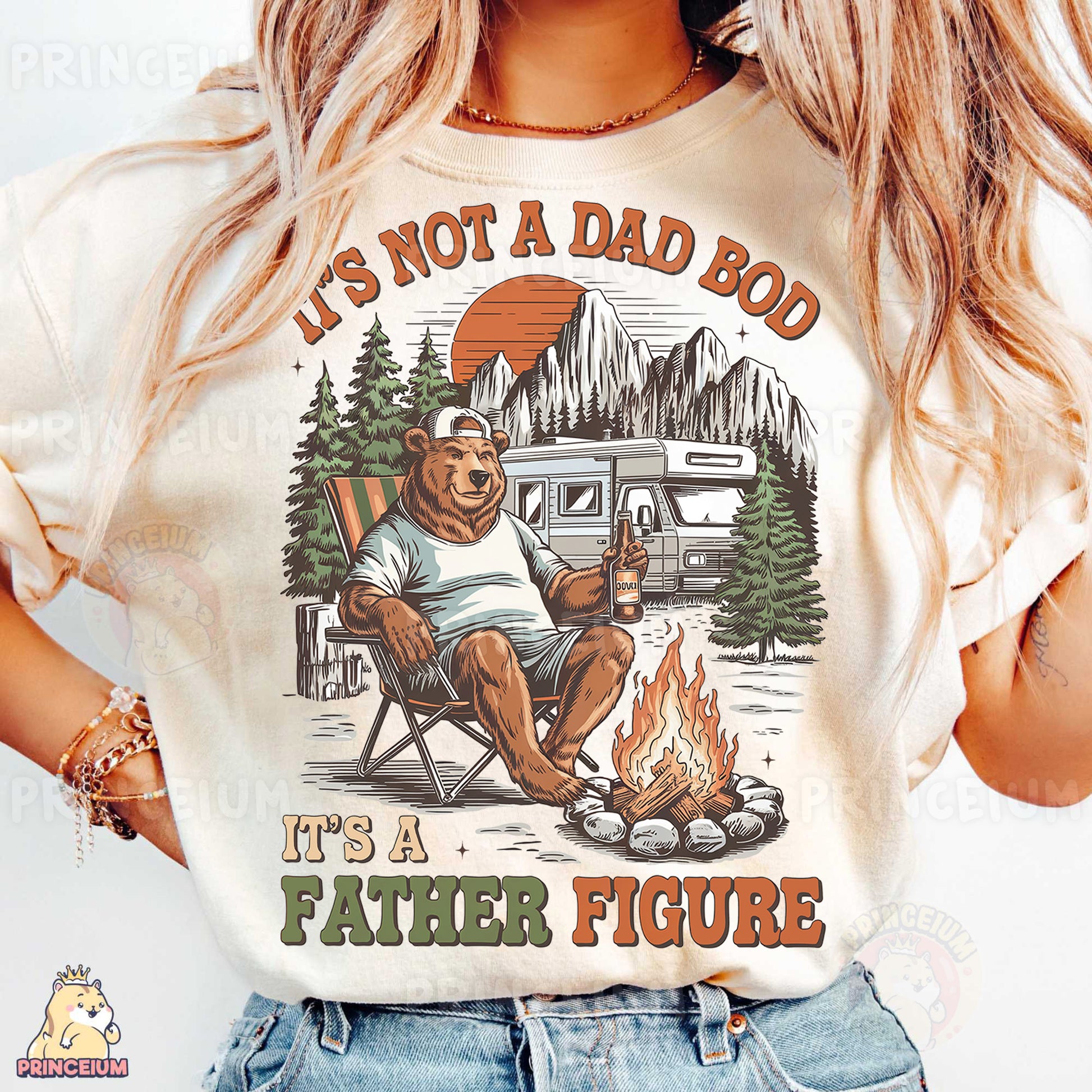a woman wearing a t - shirt that says it's not a dad bo