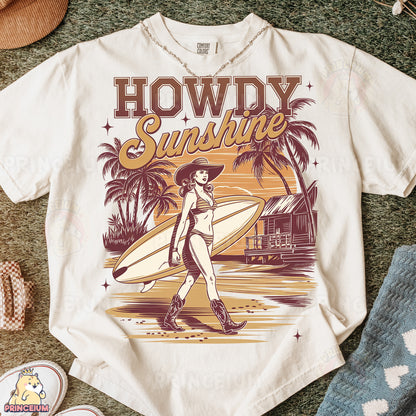 a t - shirt with a picture of a woman carrying a surfboard