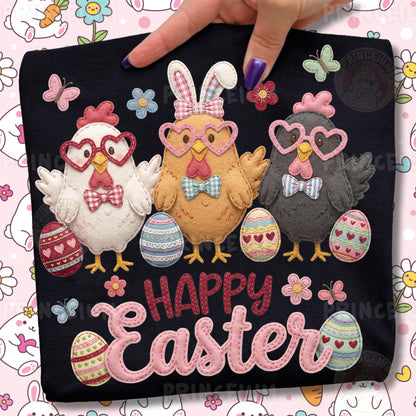 Happy Easter PNG, Cute Chickens with Heart Glasses, Patchwork Farm Easter Clipart
